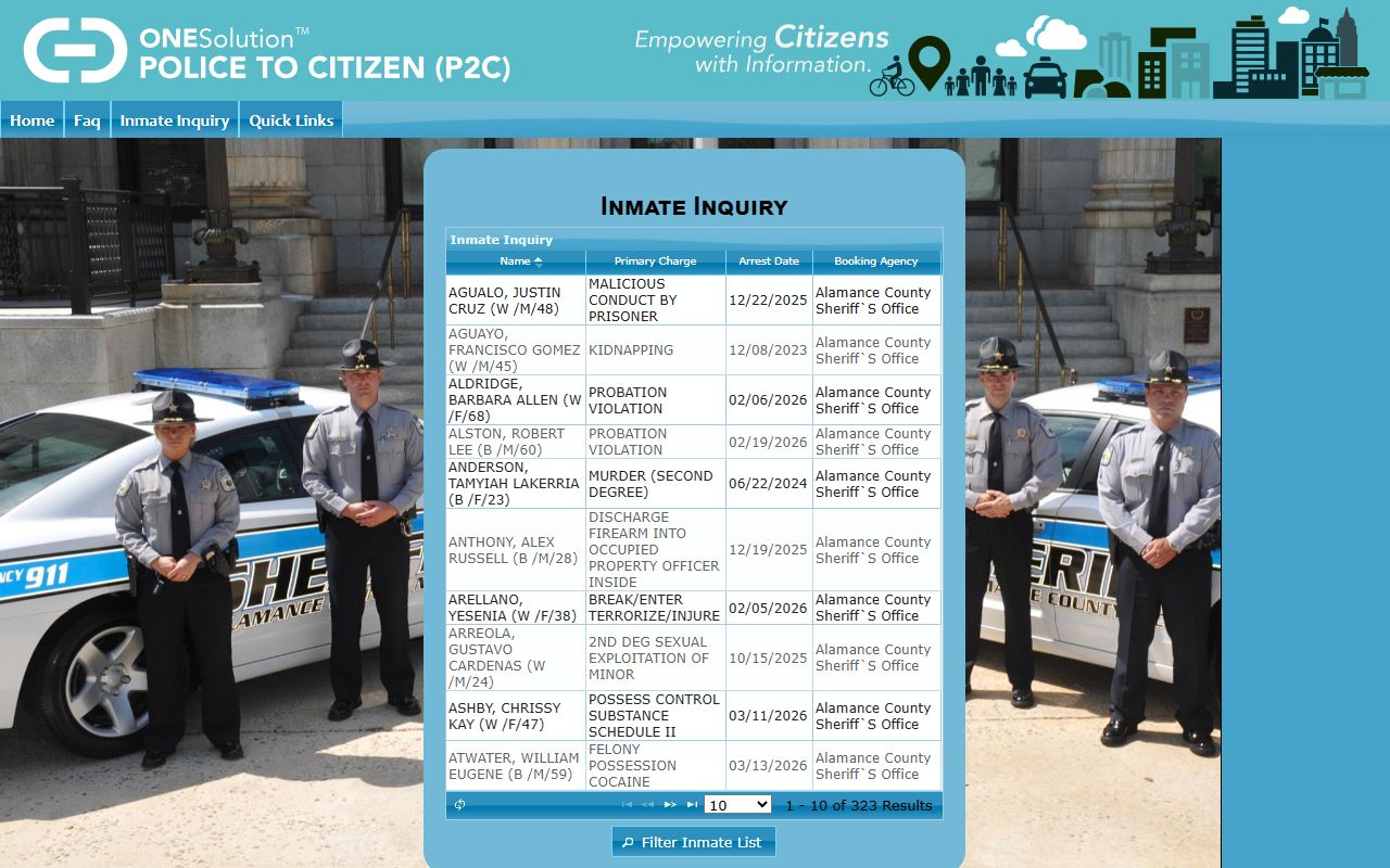 Alamance County 24 hour booking P2C inmate inquiry system