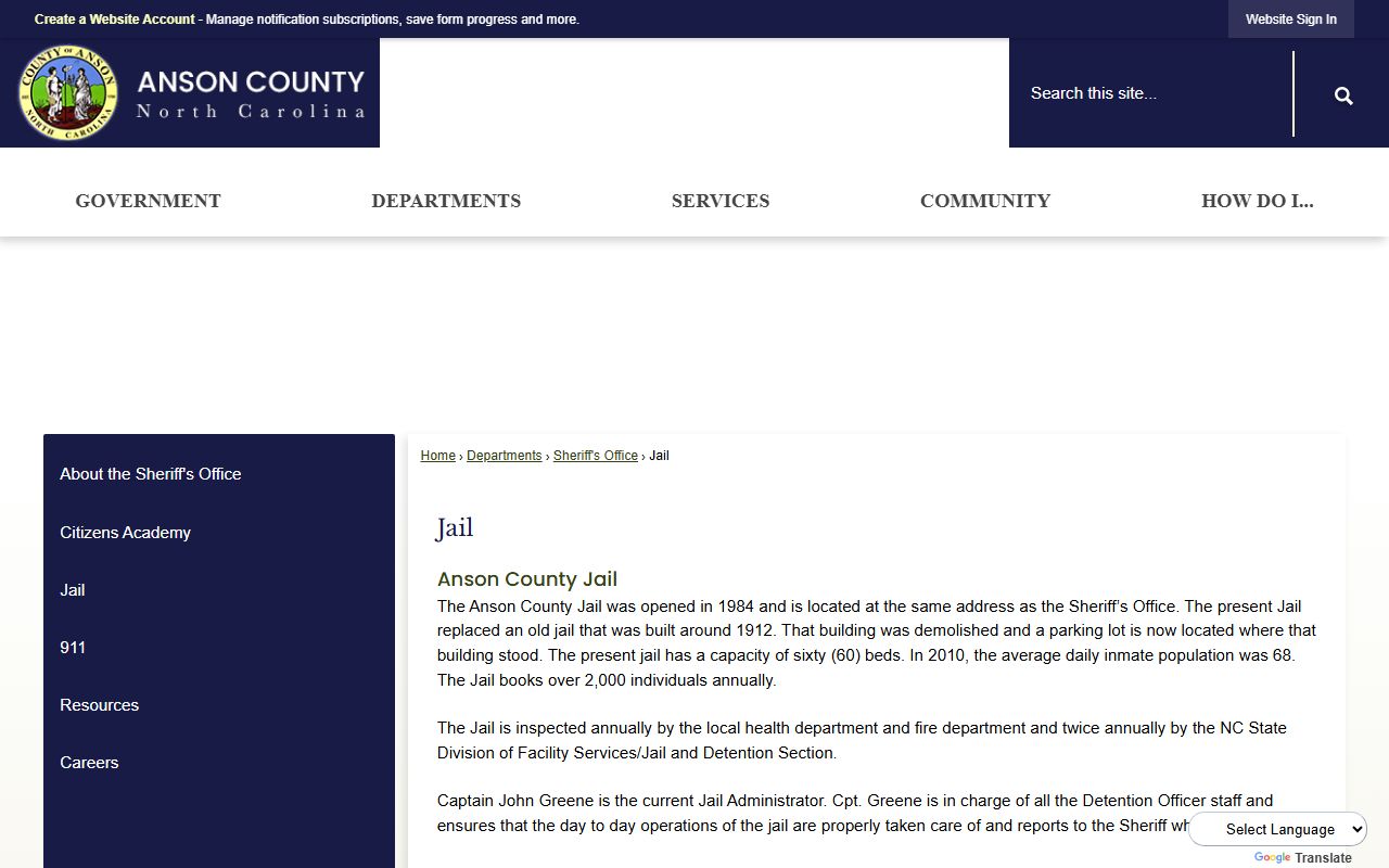 Anson County 24 hour booking jail facility information