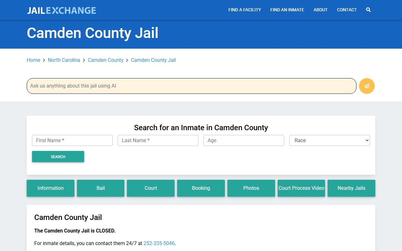 Camden County 24 hour booking jail information page