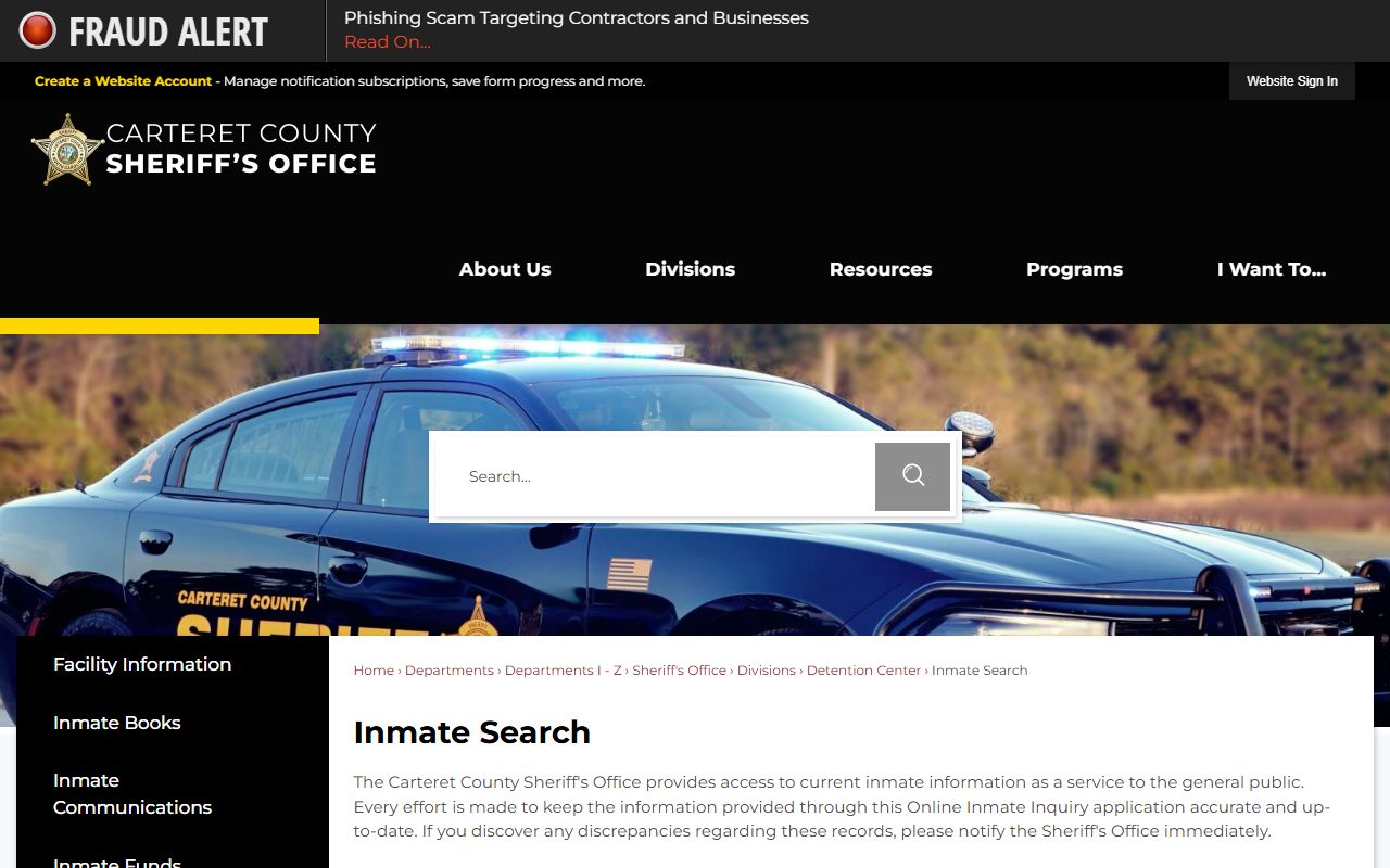 Carteret County 24 hour booking inmate search system