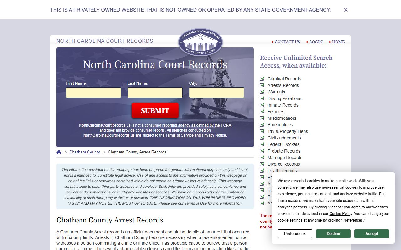 Chatham County arrest records page for 24 hour booking searches