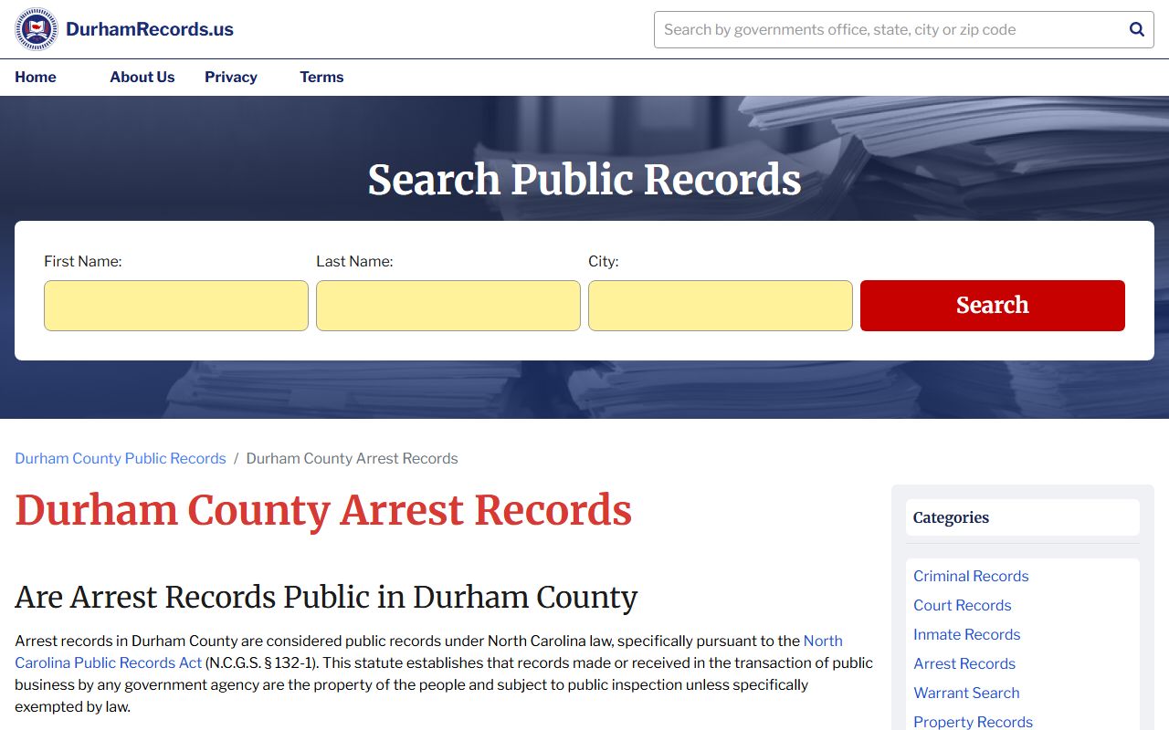 Durham County arrest records page for 24 hour booking data