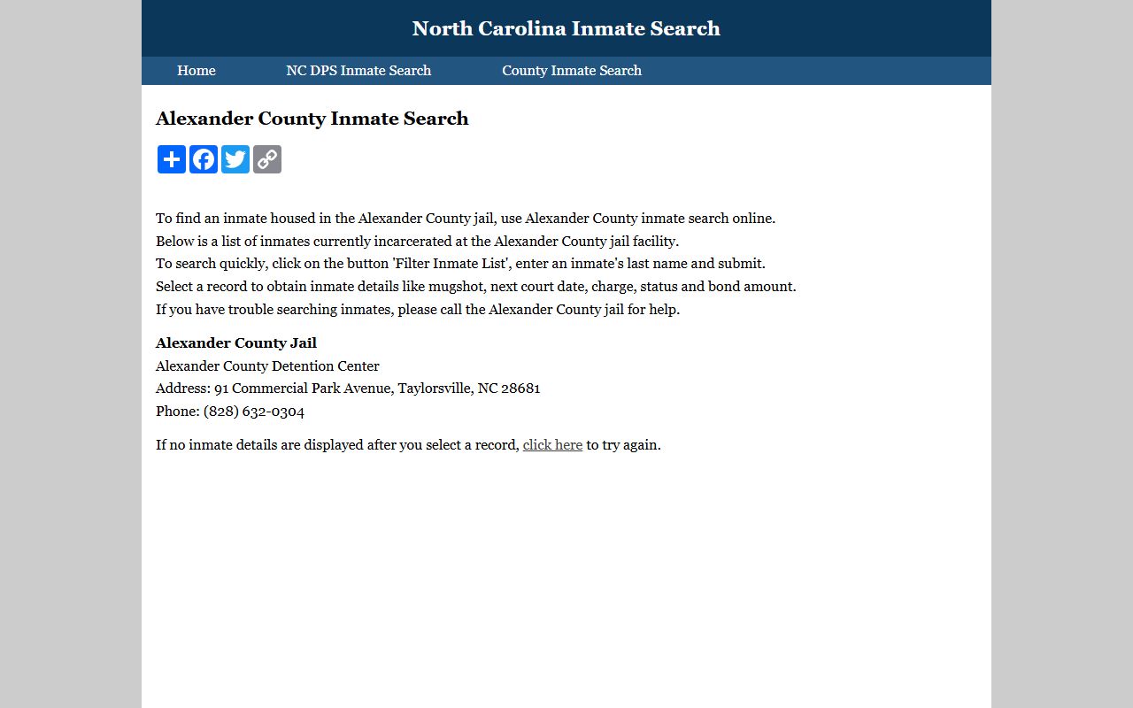 Alexander County 24 hour booking inmate search tool