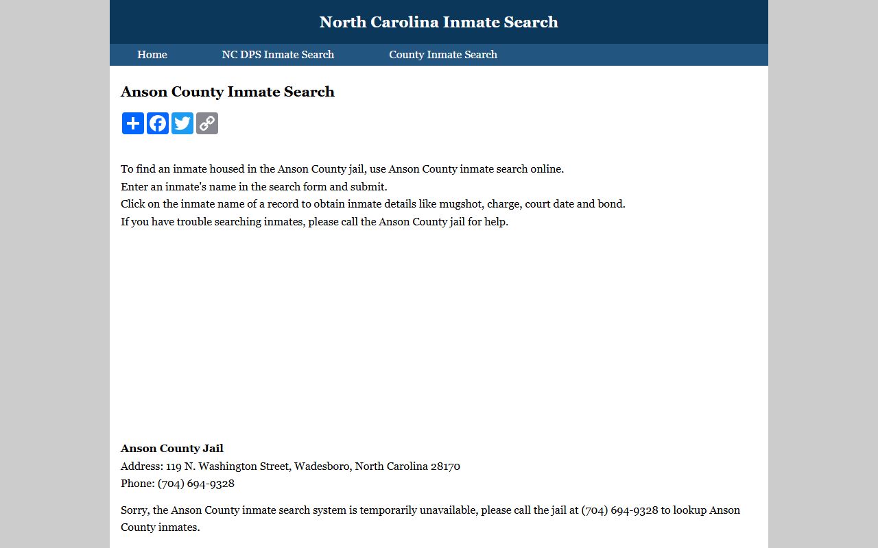 Anson County 24 hour booking inmate search portal