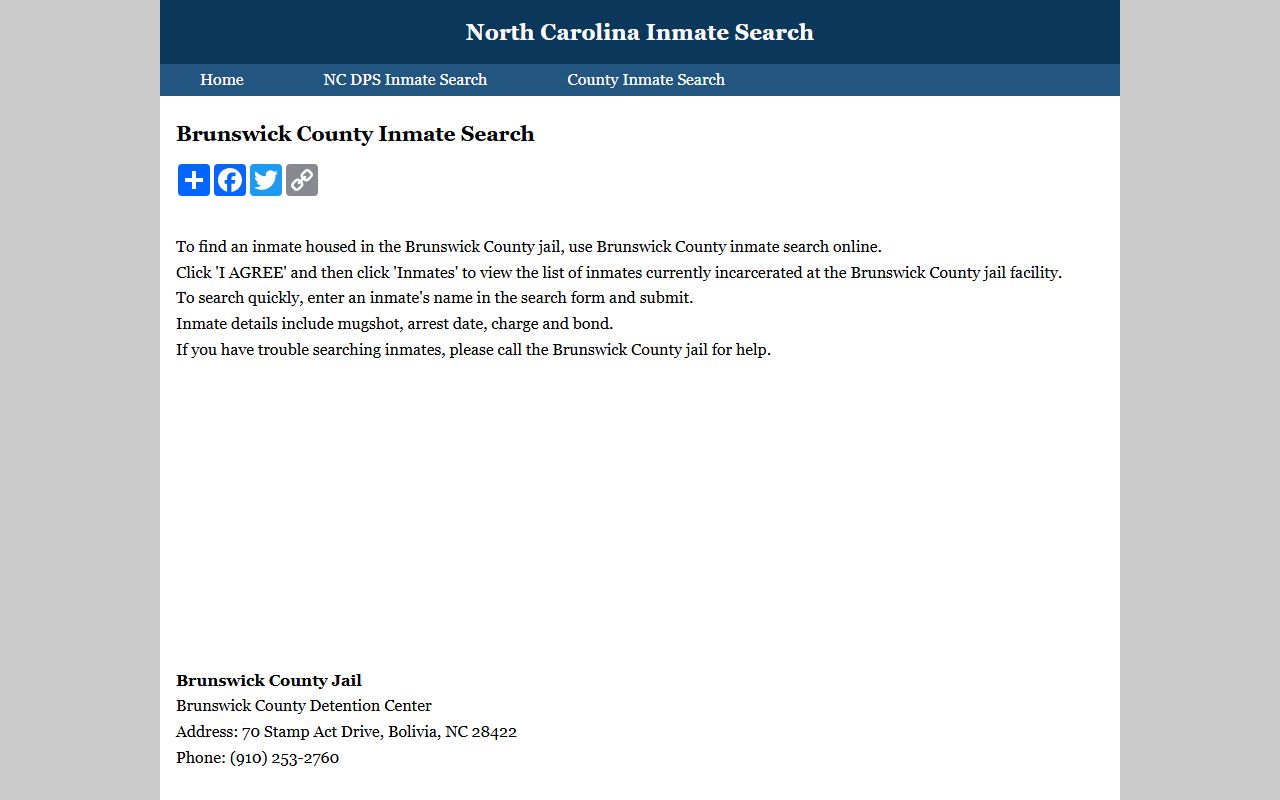 Brunswick County 24 hour booking inmate search resource