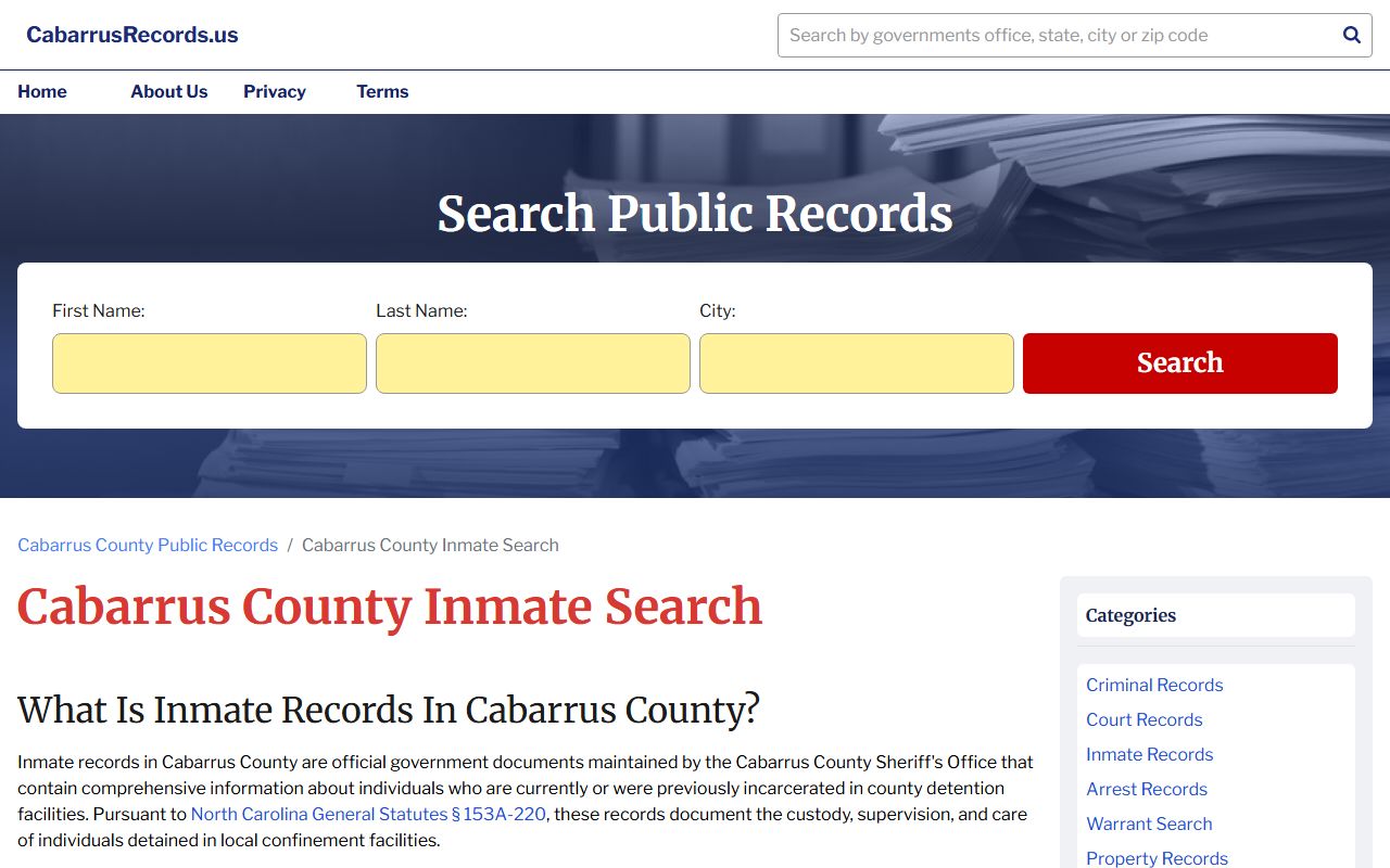 Cabarrus County 24 hour booking inmate search resource