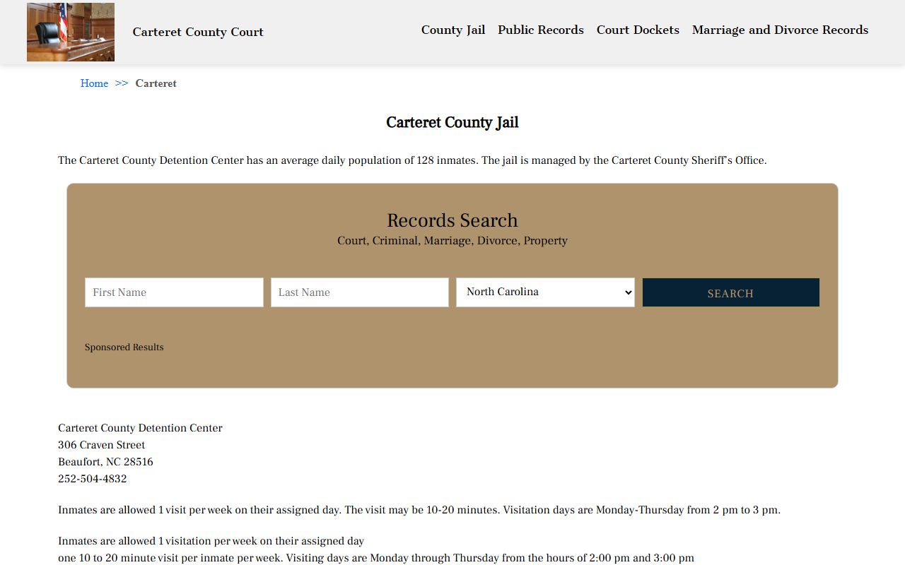 Carteret County 24 hour booking jail information page