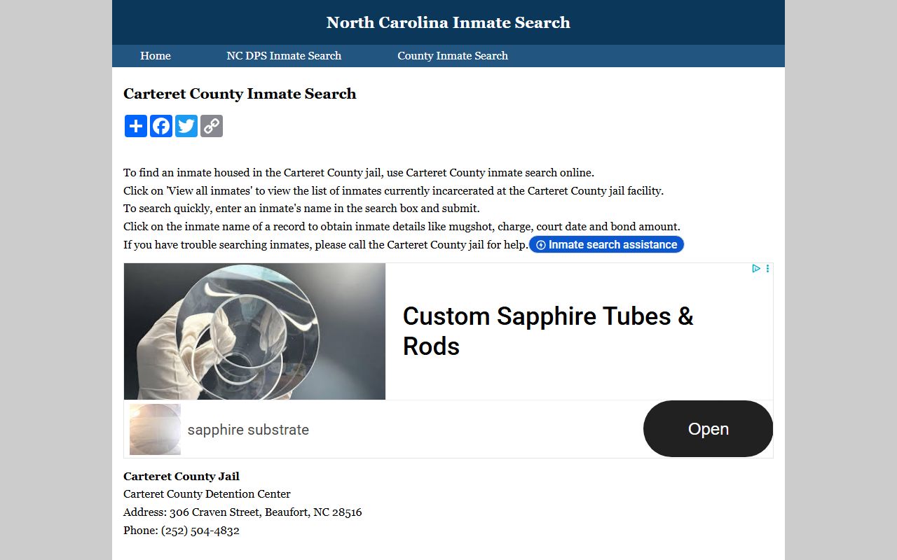 Carteret County 24 hour booking NC Inmate Search portal