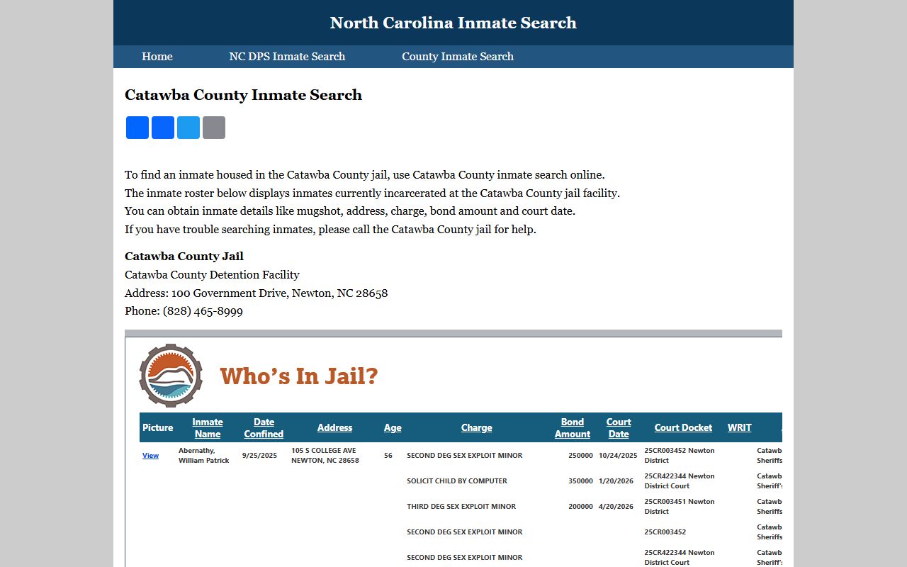 Catawba County inmate search directory for 24 hour booking lookup