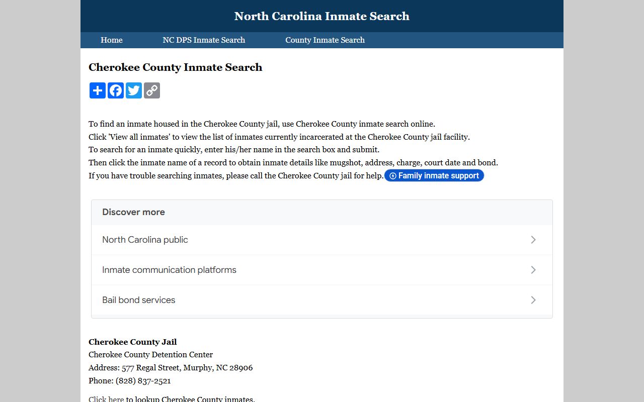 Cherokee County inmate search directory for 24 hour booking lookups
