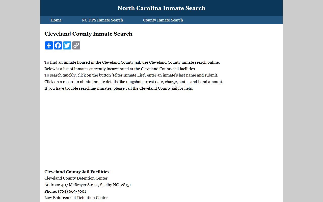 Cleveland County inmate search directory for jail booking lookups