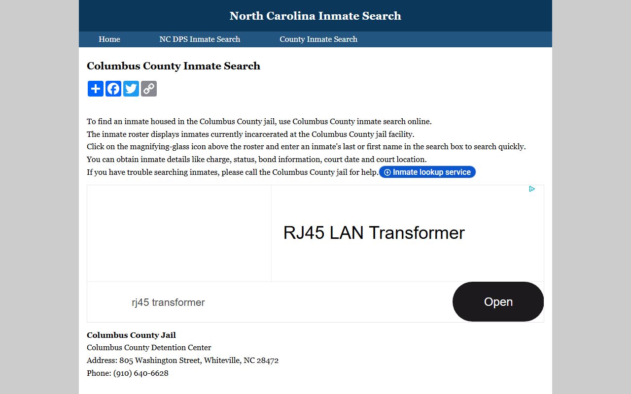Columbus County inmate search directory for 24 hour booking lookups