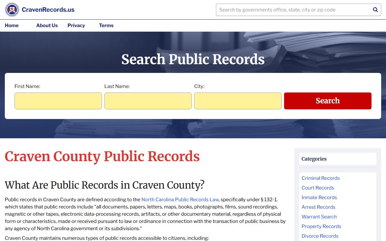 Craven County public records page for booking and arrest data