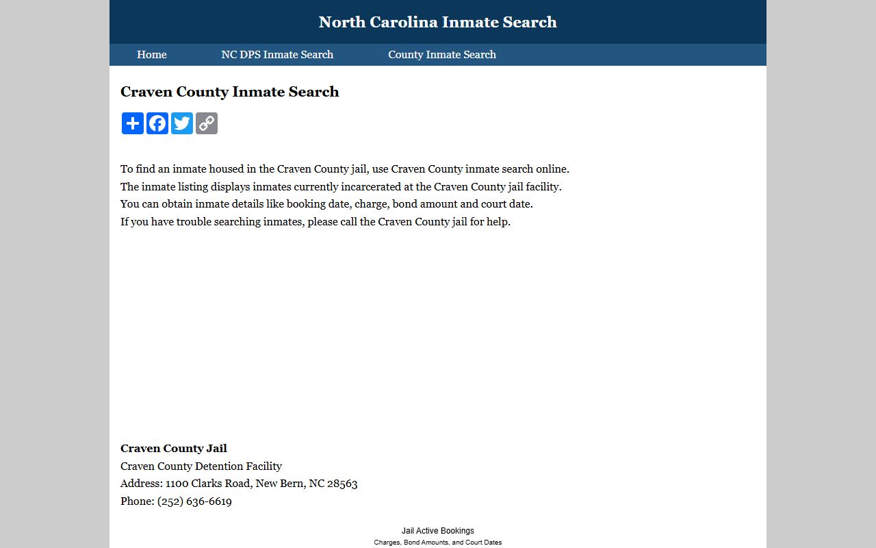 Craven County inmate search for 24 hour booking data