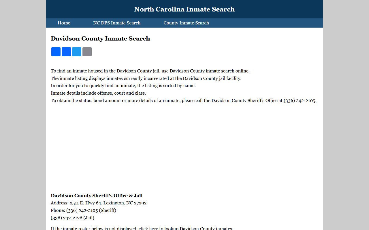 Davidson County inmate search directory for booking and arrest records