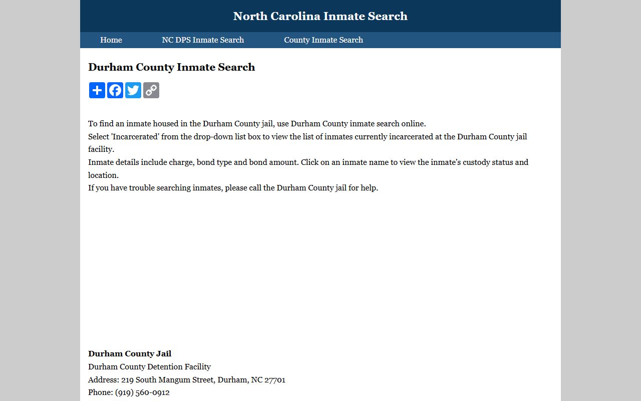 Durham County inmate search directory for booking lookups