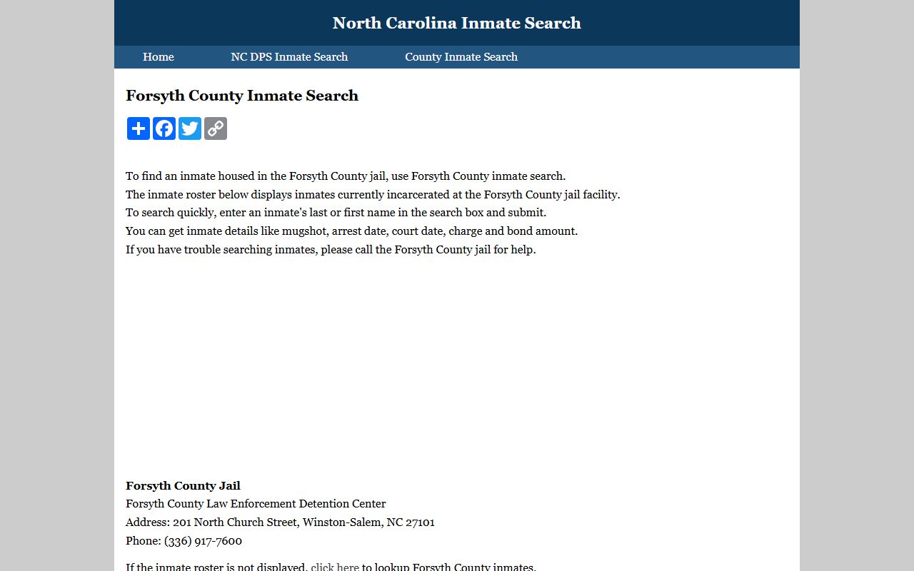 Forsyth County inmate search directory for booking records