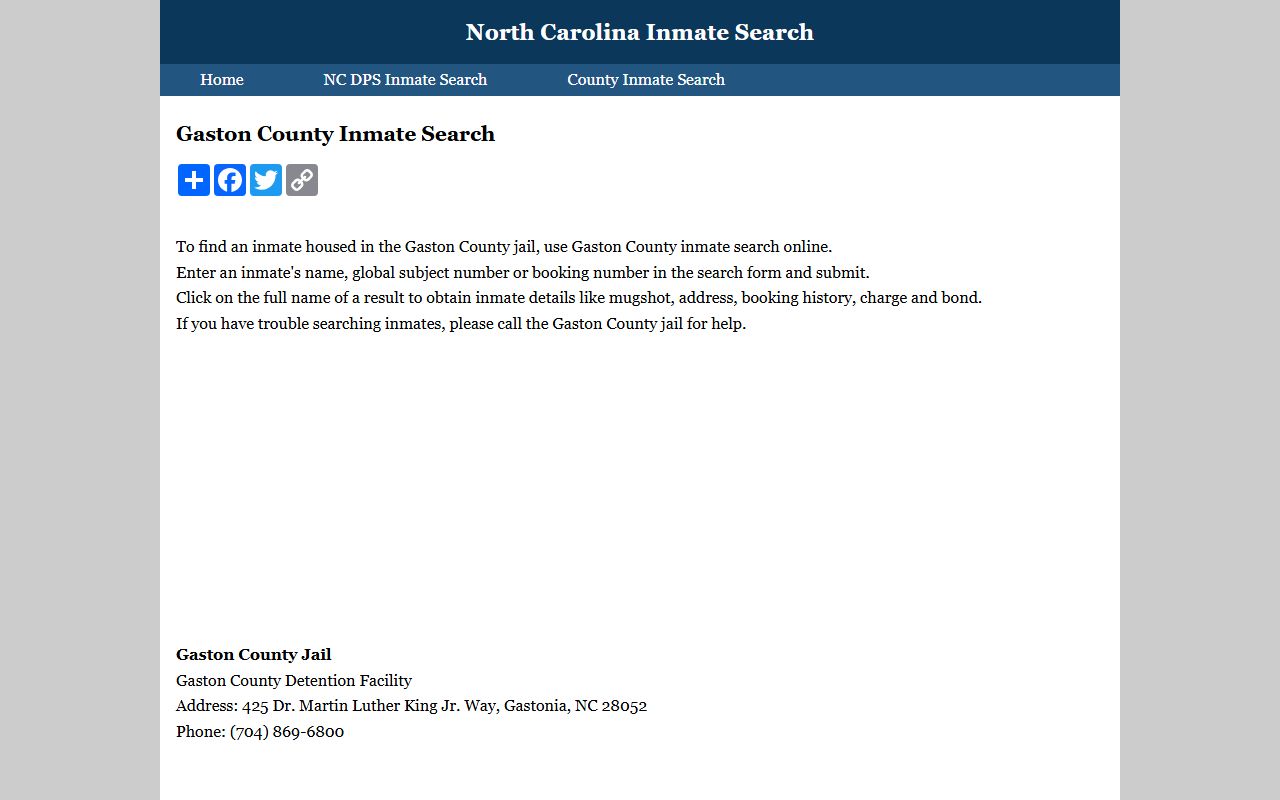 Gaston County 24 hour booking inmate search page