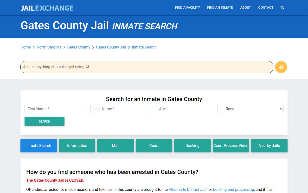 Gates County 24 hour booking jail information page