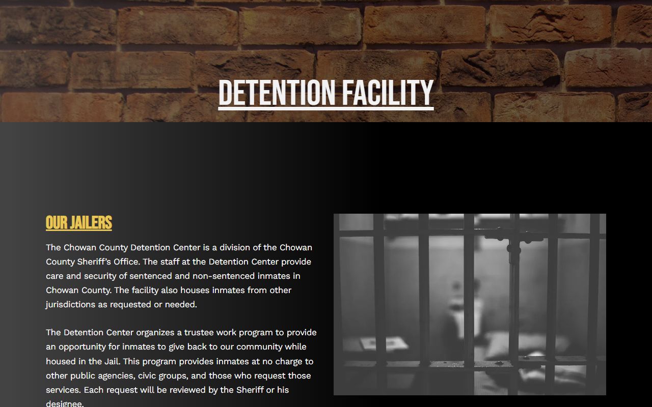 Chowan County Detention Facility information page for booking records