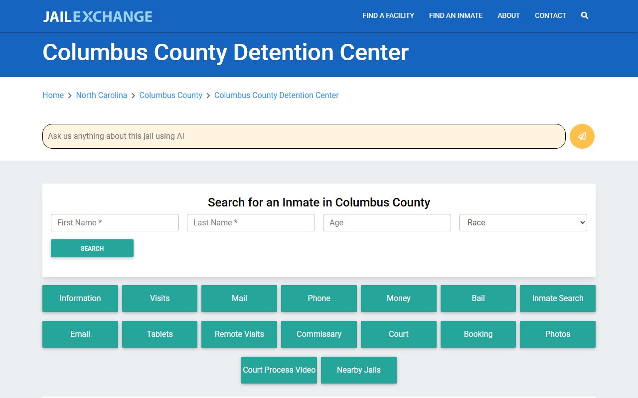 Columbus County Detention Center information page for booking records