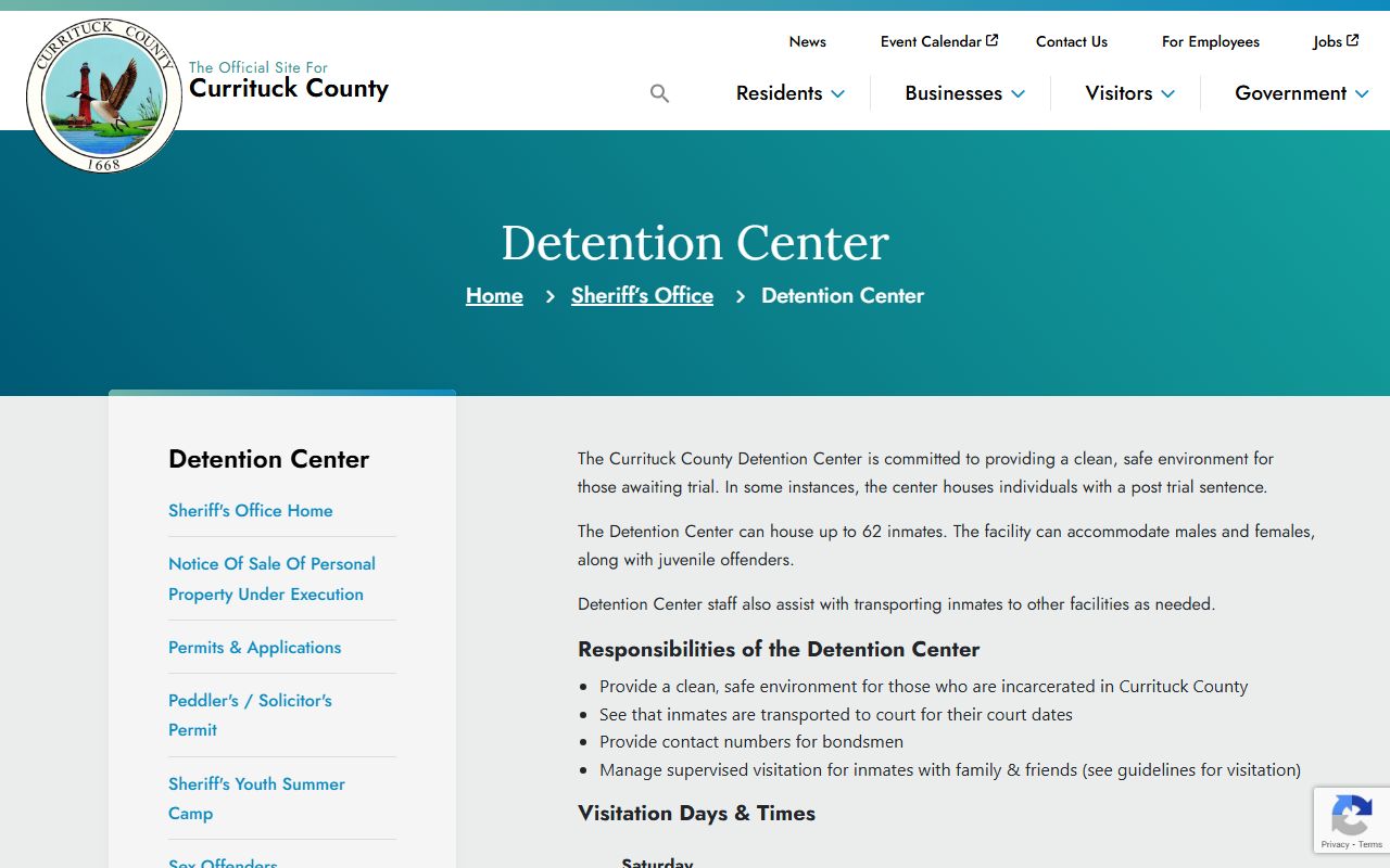 Currituck County Detention Center page for booking and inmate info