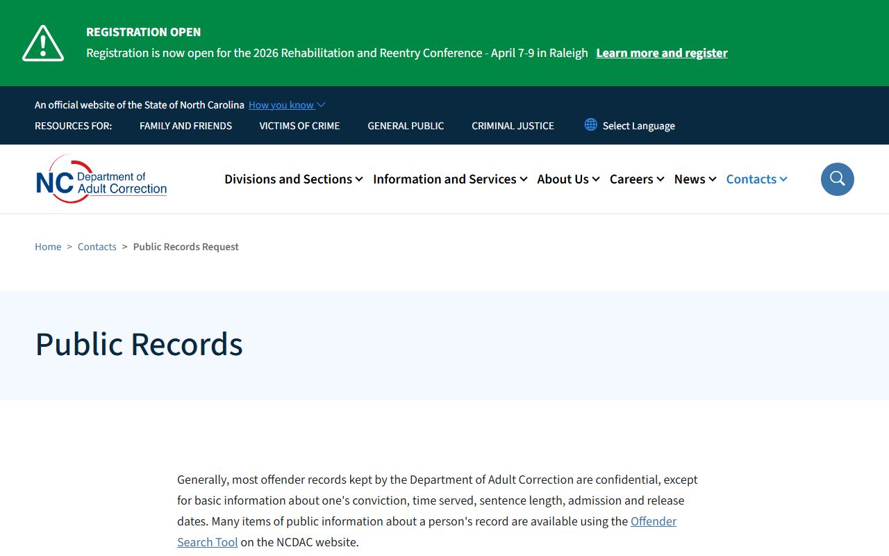 North Carolina DAC public records request page for booking information