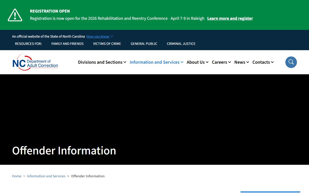 North Carolina Department of Adult Correction offender search system for booking records