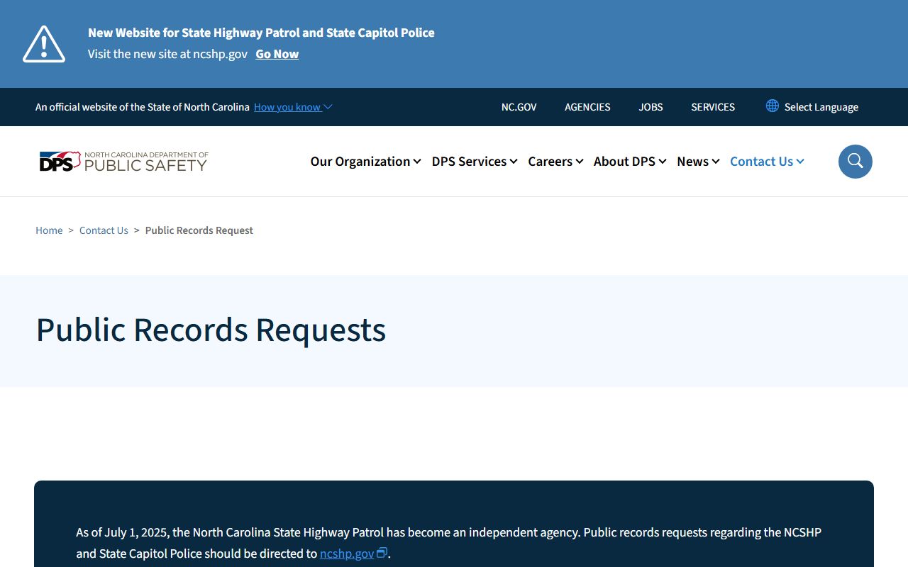 North Carolina Department of Public Safety public records request page
