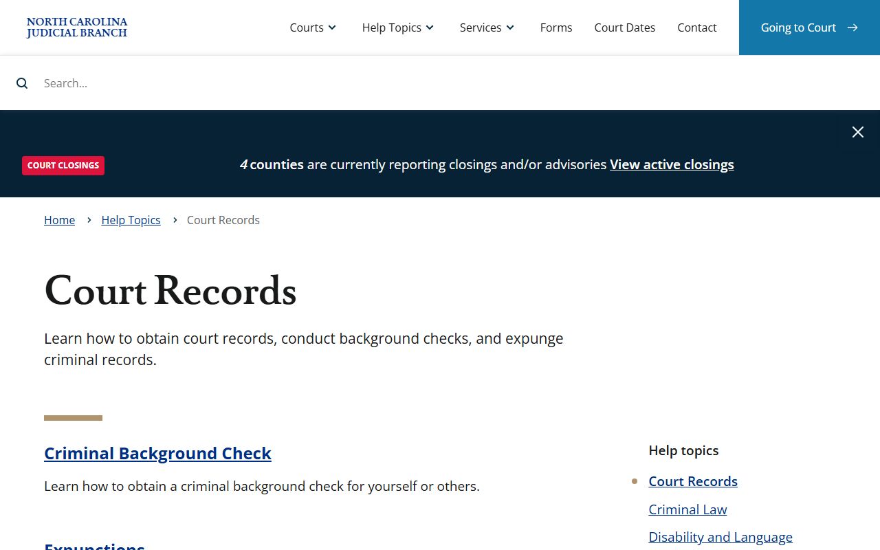 North Carolina Judicial Branch court records help page for booking and case lookups