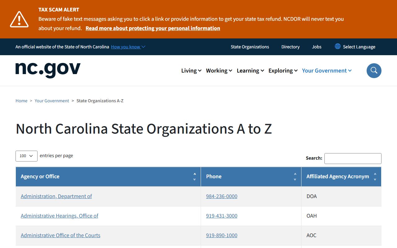 North Carolina state government agencies directory for public records access
